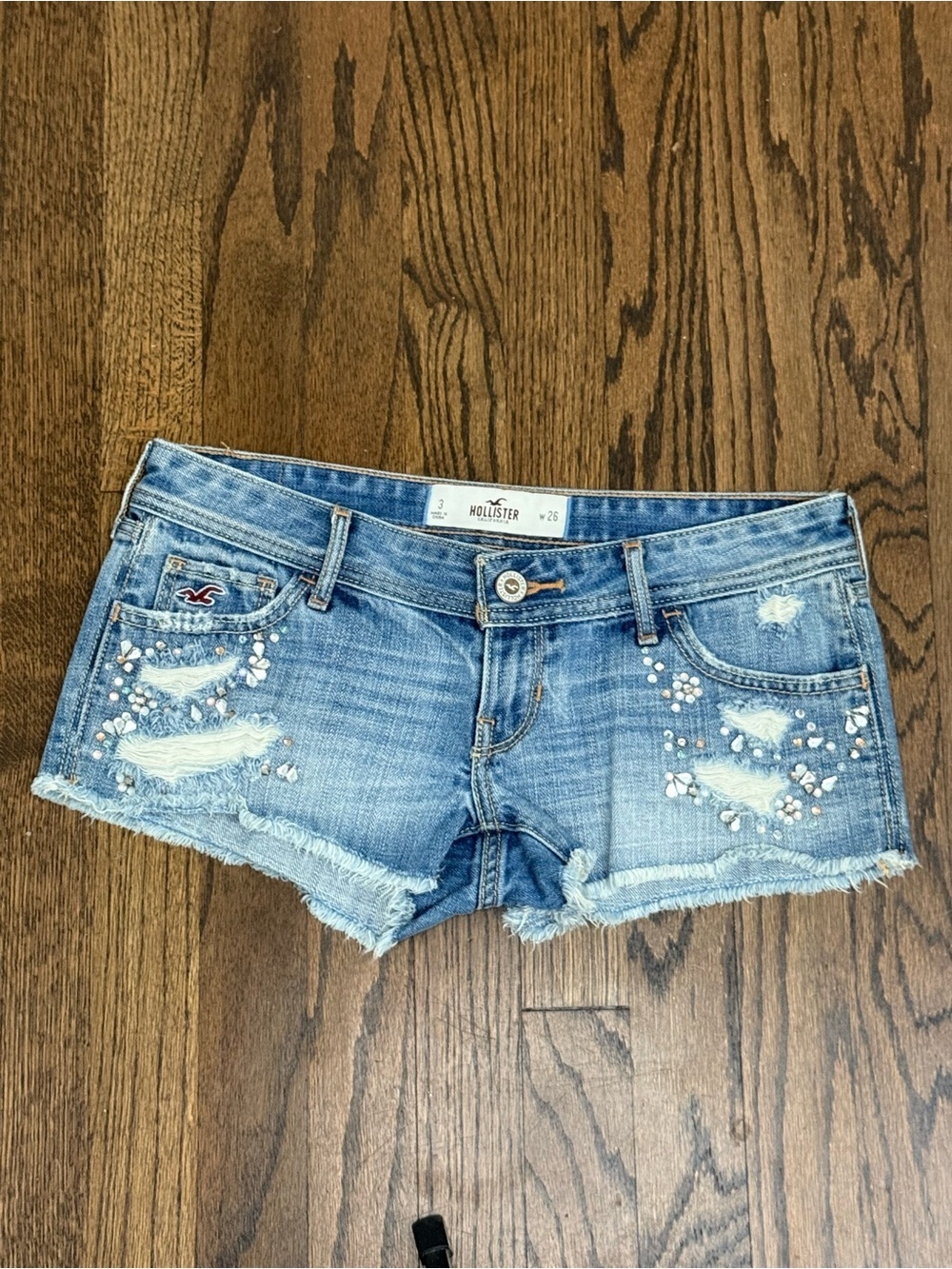 Y2K Hollister Low Rise Distressed Denim Short Size 26 Rhinestone